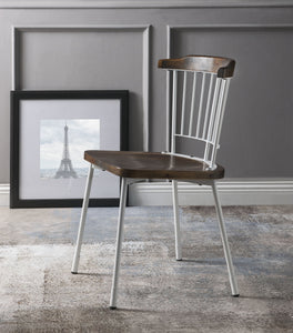 Wood and Metal Side Chairs with Slat Style Back, White and Brown, Set of Two