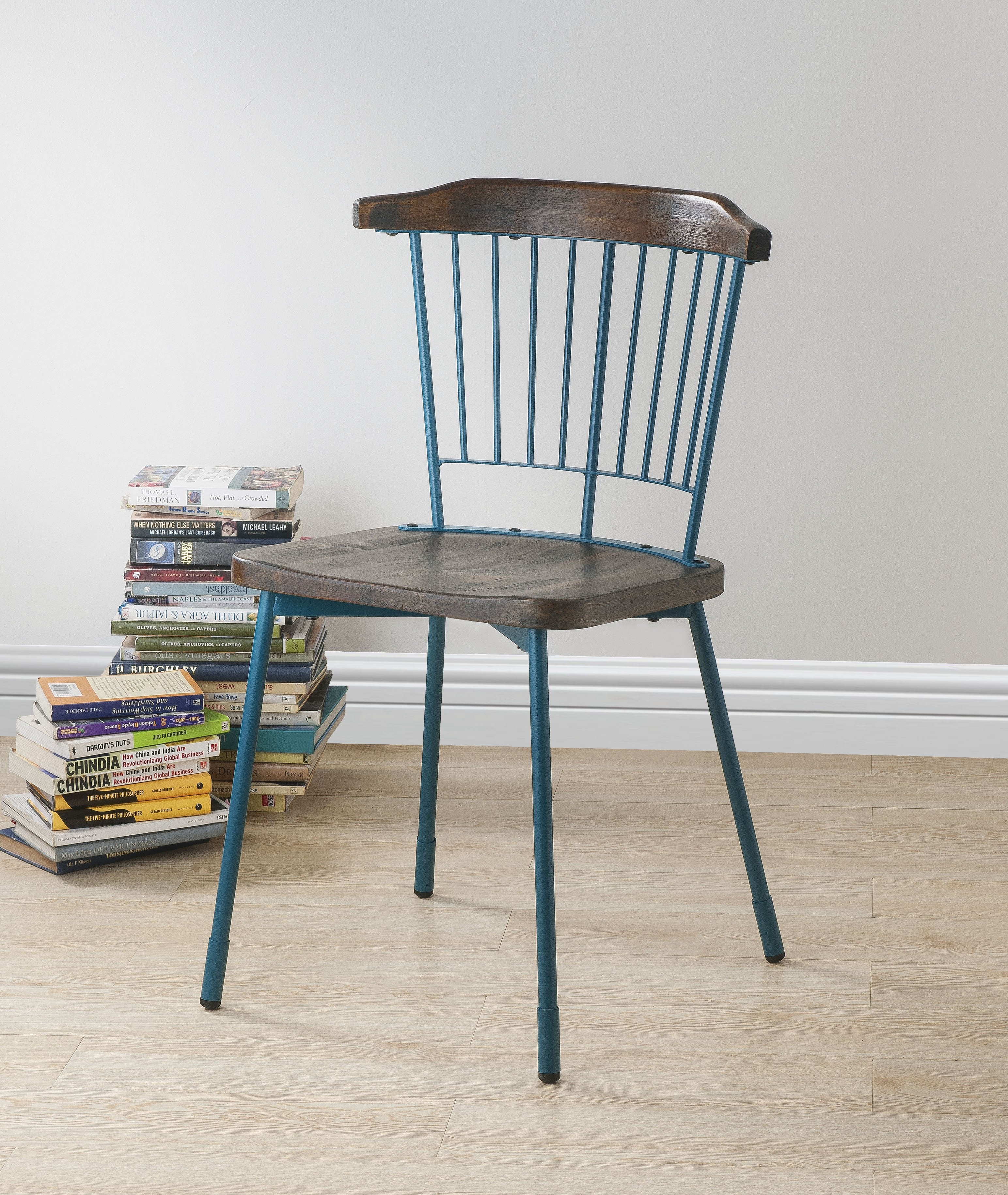 Wood and Metal Side Chairs with Slat Style Back, Blue and Brown, Set of Two