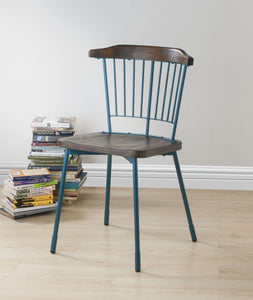 Wood and Metal Side Chairs with Slat Style Back, Blue and Brown, Set of Two