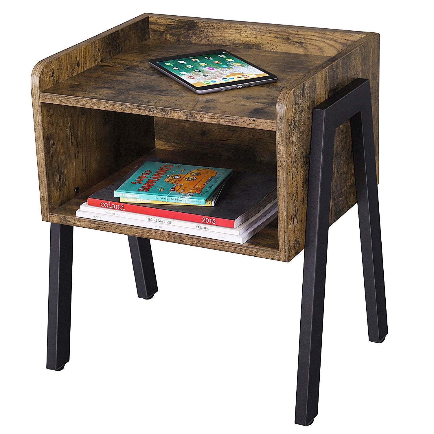 Wooden Stackable End Table with Inverted Iron Legs and Storage Compartment, Brown and Black