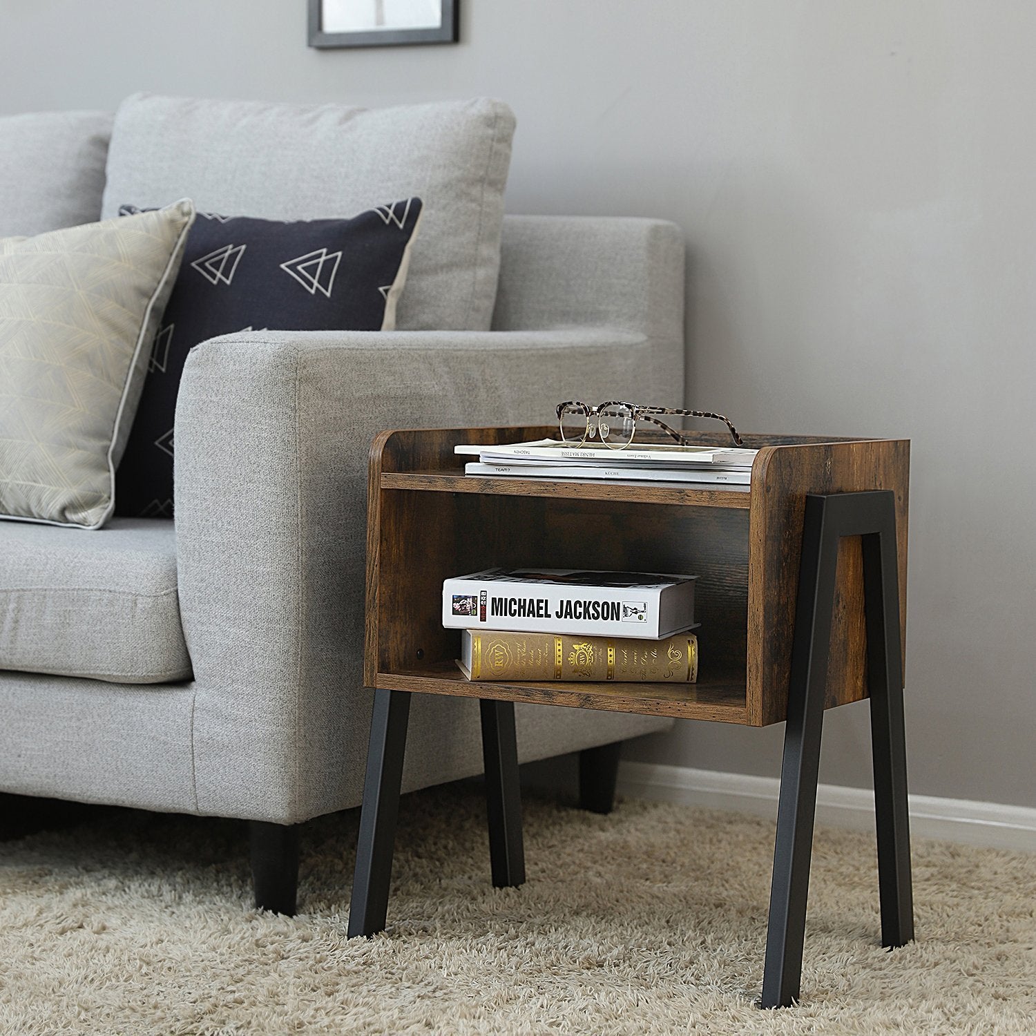 Wooden Stackable End Table with Inverted Iron Legs and Storage Compartment, Brown and Black