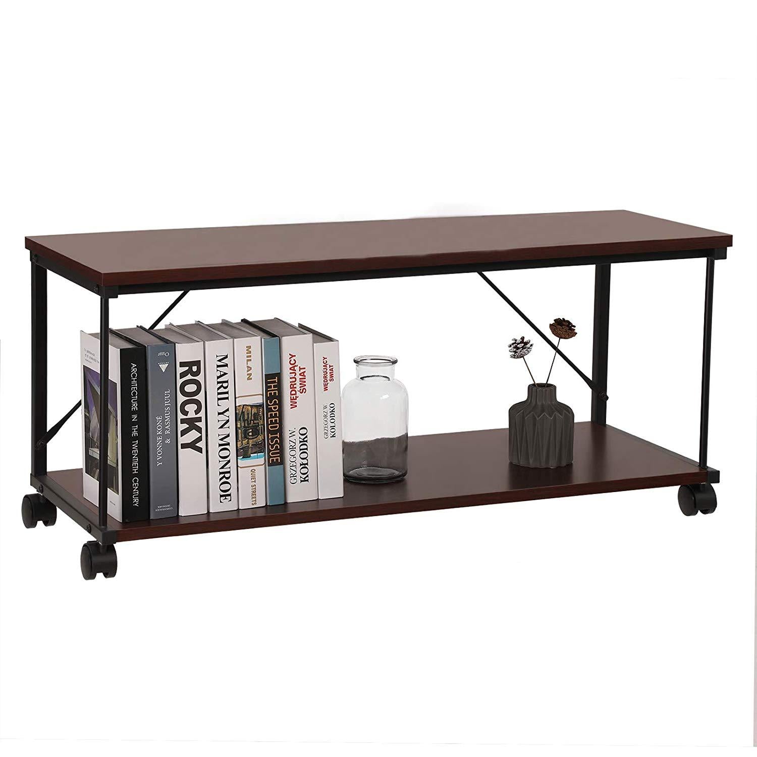 Wood and Metal Frame TV stand with Bottom Shelf and Casters, Brown and Black