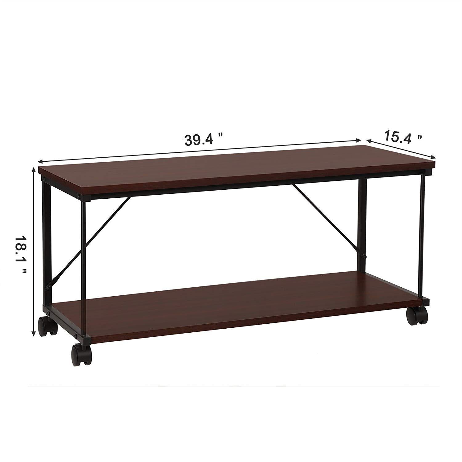 Wood and Metal Frame TV stand with Bottom Shelf and Casters, Brown and Black