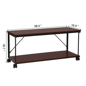 Wood and Metal Frame TV stand with Bottom Shelf and Casters, Brown and Black