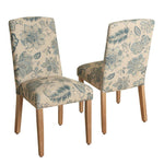 Wooden Dining Chairs with Floral Patterned Fabric Upholstered Seating, Beige and Blue, Set of Two