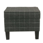 Wooden Ottoman with Grid Patterned Fabric Upholstery and Hidden Storage, Black and White