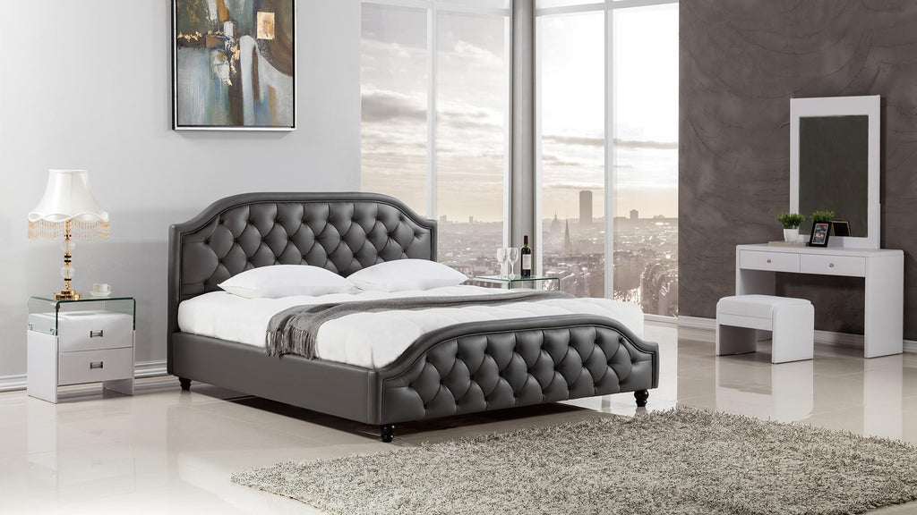 Wooden Eastern King Size Bed with Button Tufted Leatherette Headboard, Dark Gray