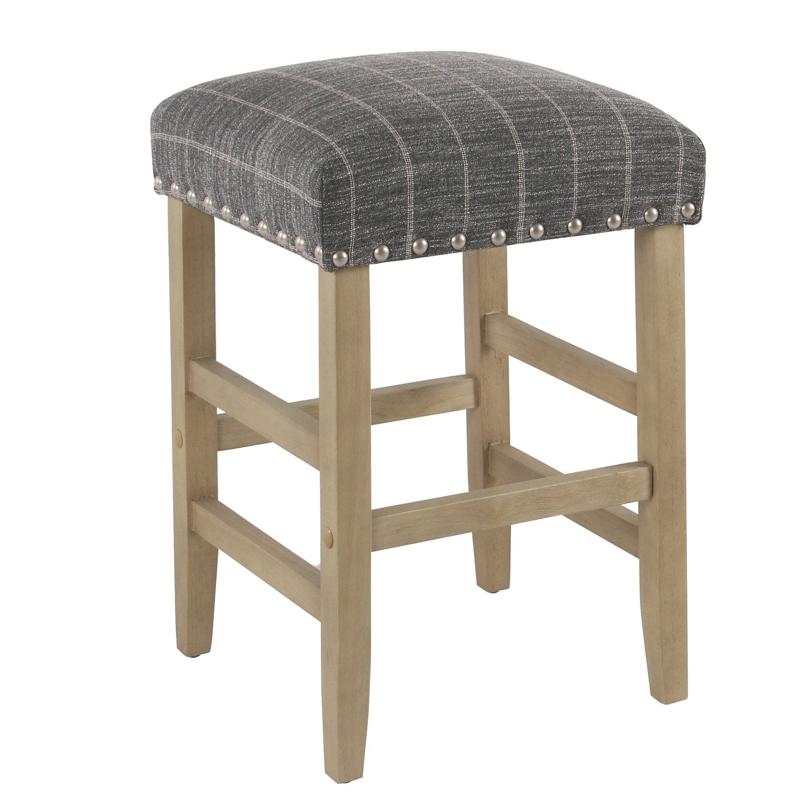 Wooden Counter Stool with Stripe Pattern Fabric Padded Seat, Dark Gray and Brown