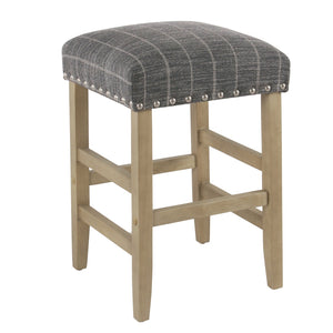 Wooden Counter Stool with Stripe Pattern Fabric Padded Seat, Dark Gray and Brown