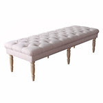 Wooden Bench with Button Tufted Fabric Upholstered Seat and Turned Legs, Cream