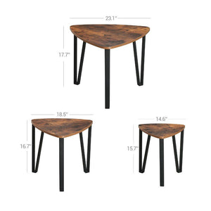 Wooden Triangular Nesting Tables with Iron Angled Legs, Brown and Black, Set of Three