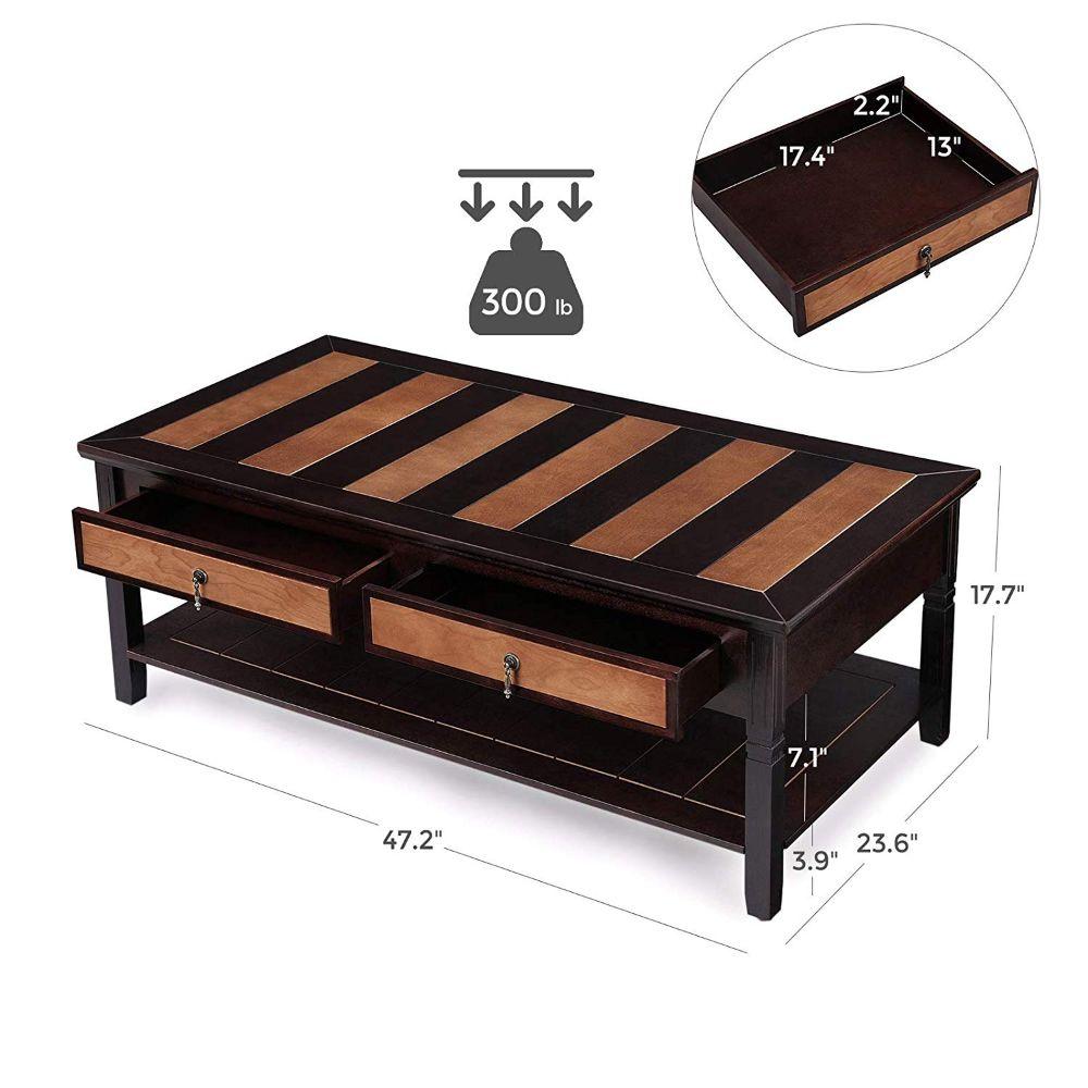 Wooden Dual Finish Coffee Table with Two Storage Drawers and Open Bottom Shelf, Brown