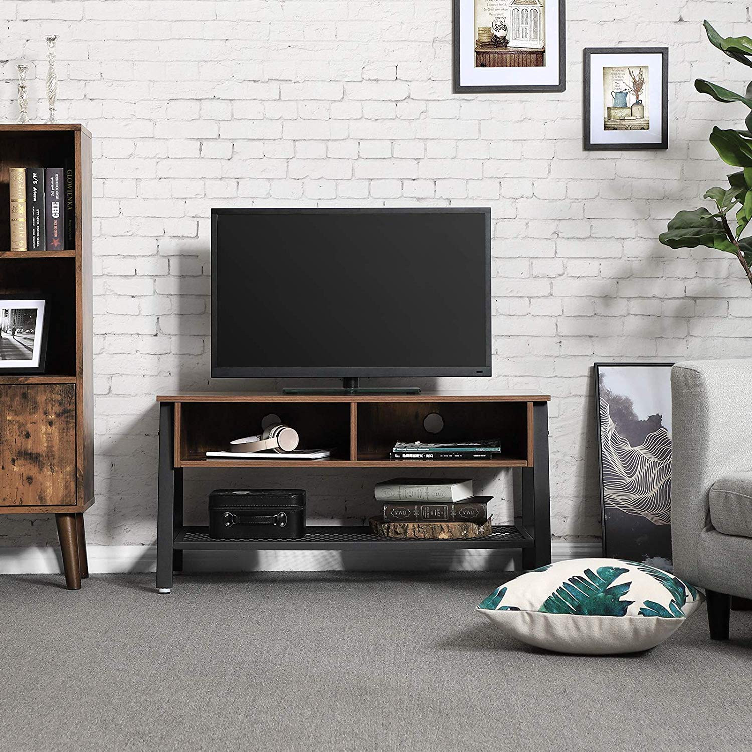 Wooden TV Stand with Two Open Storage Cabinets and Bottom Shelf, Brown and Black