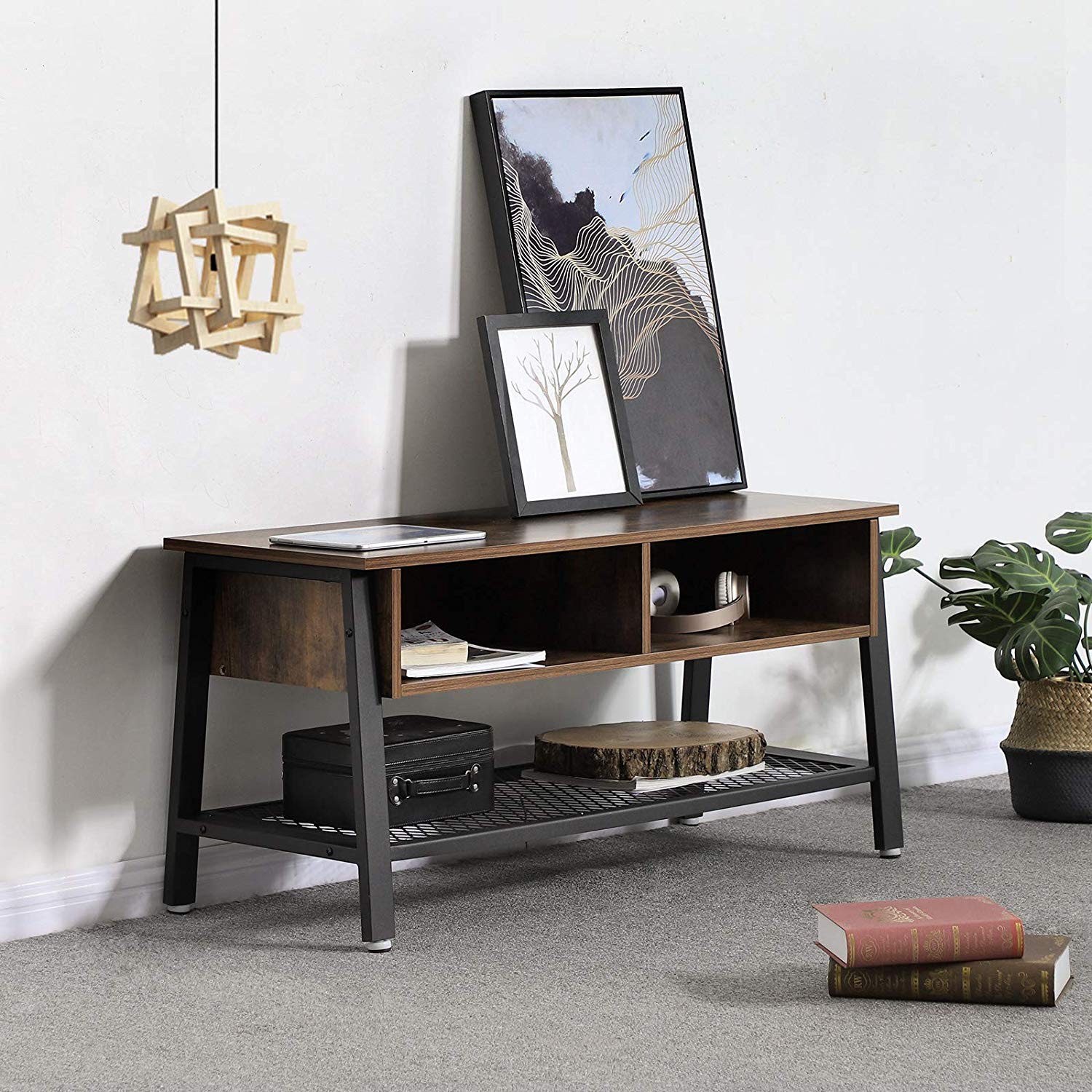 Wooden TV Stand with Two Open Storage Cabinets and Bottom Shelf, Brown and Black