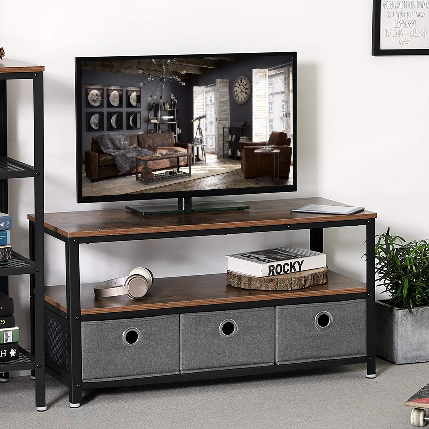 Wooden TV Stand with Two Open Spacious Shelves, Brown and Black