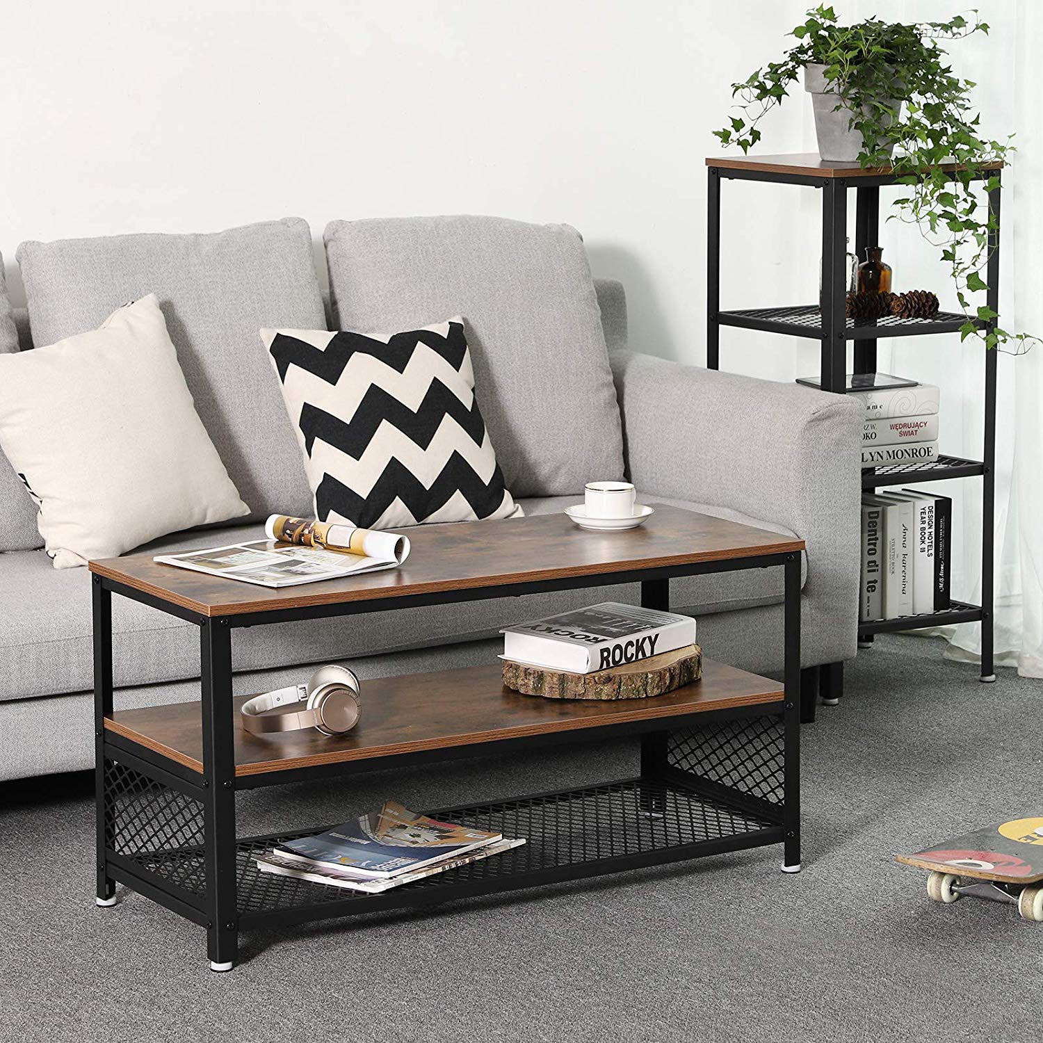 Wooden TV Stand with Two Open Spacious Shelves, Brown and Black