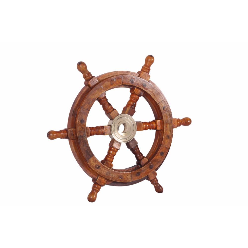 12" Teak Wood Ship Wheel with Brass Inset and Six Spokes, Brown and Gold