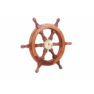 12" Teak Wood Ship Wheel with Brass Inset and Six Spokes, Brown and Gold