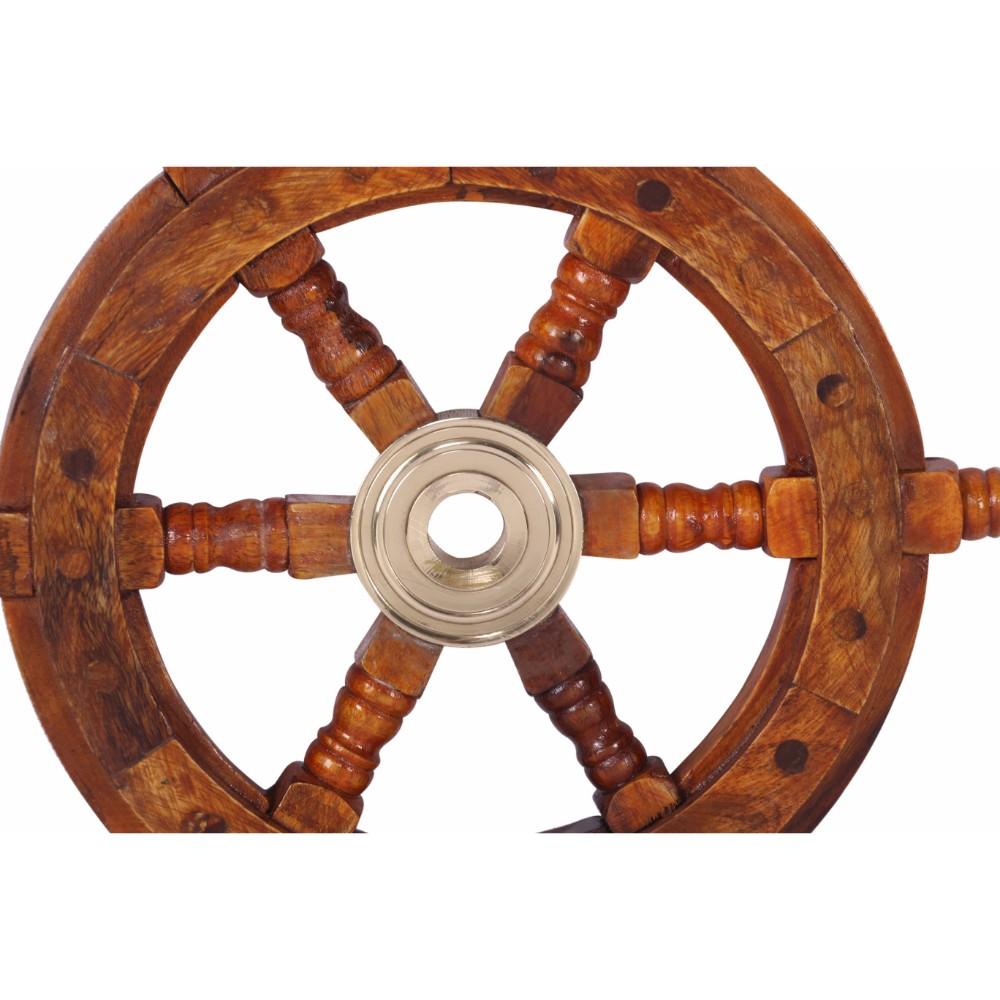 12" Teak Wood Ship Wheel with Brass Inset and Six Spokes, Brown and Gold