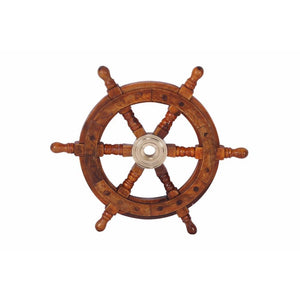 12" Teak Wood Ship Wheel with Brass Inset and Six Spokes, Brown and Gold