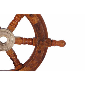 12" Teak Wood Ship Wheel with Brass Inset and Six Spokes, Brown and Gold