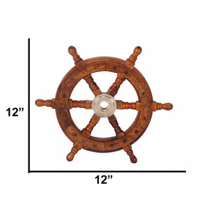 12" Teak Wood Ship Wheel with Brass Inset and Six Spokes, Brown and Gold