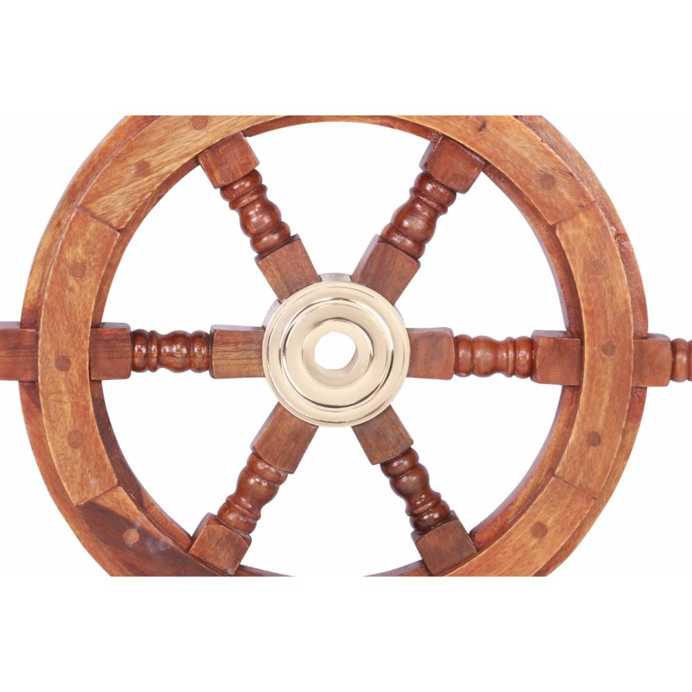 18" Teak Wood Ship Wheel with Brass Inset and Six Spokes, Brown and Gold