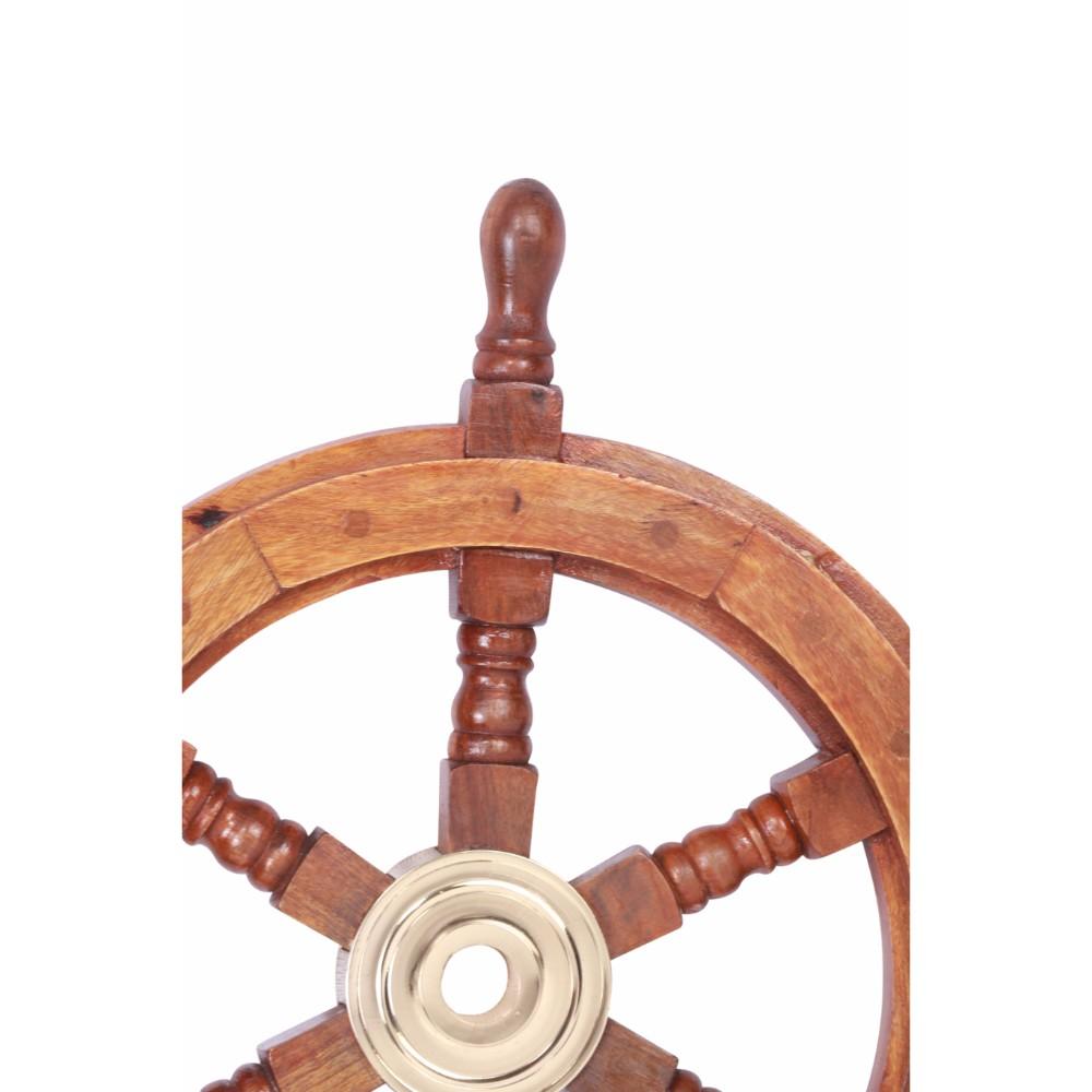 18" Teak Wood Ship Wheel with Brass Inset and Six Spokes, Brown and Gold