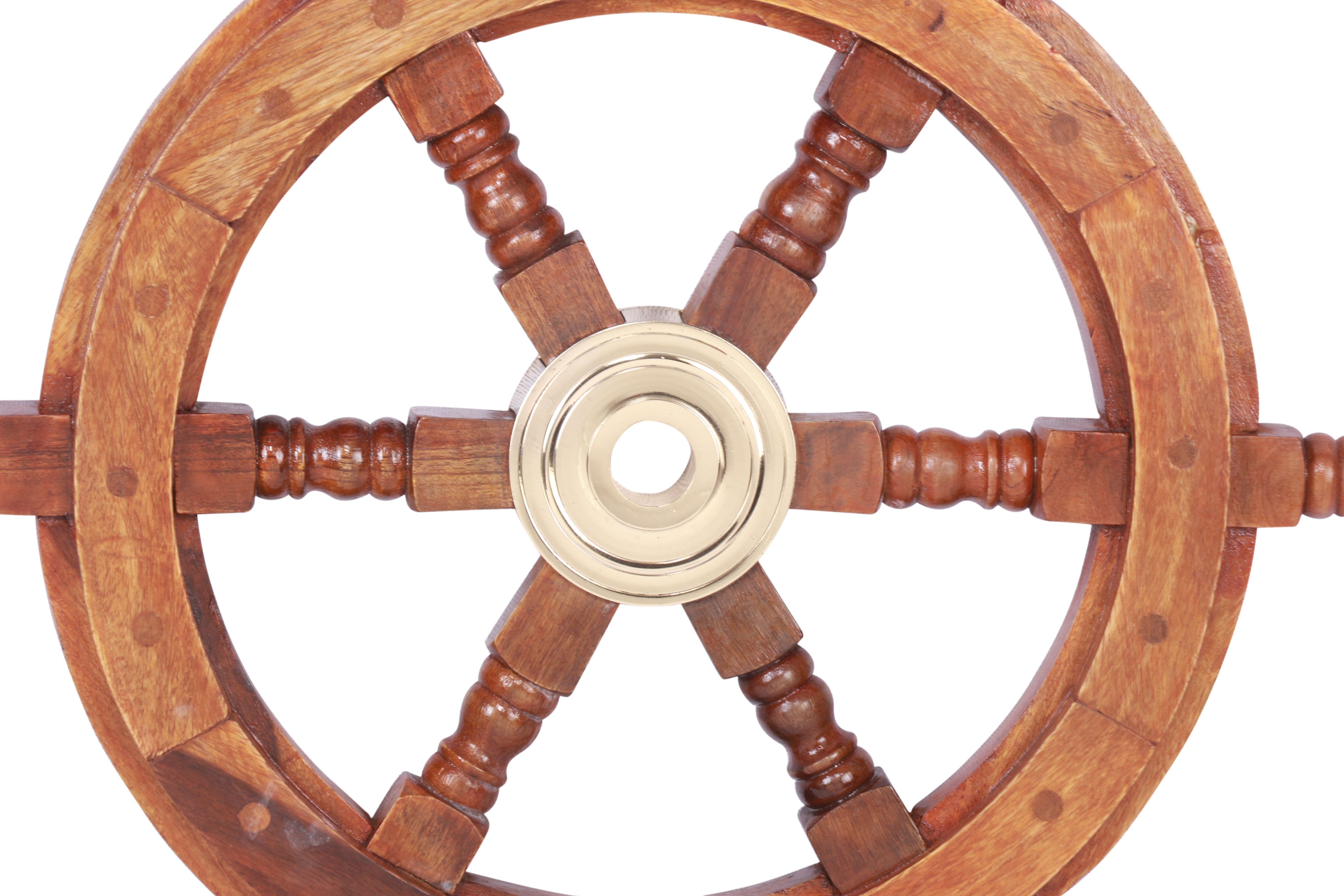 18" Teak Wood Ship Wheel with Brass Inset and Six Spokes, Brown and Gold