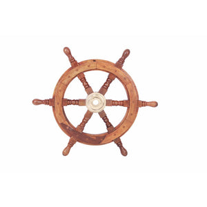 18" Teak Wood Ship Wheel with Brass Inset and Six Spokes, Brown and Gold