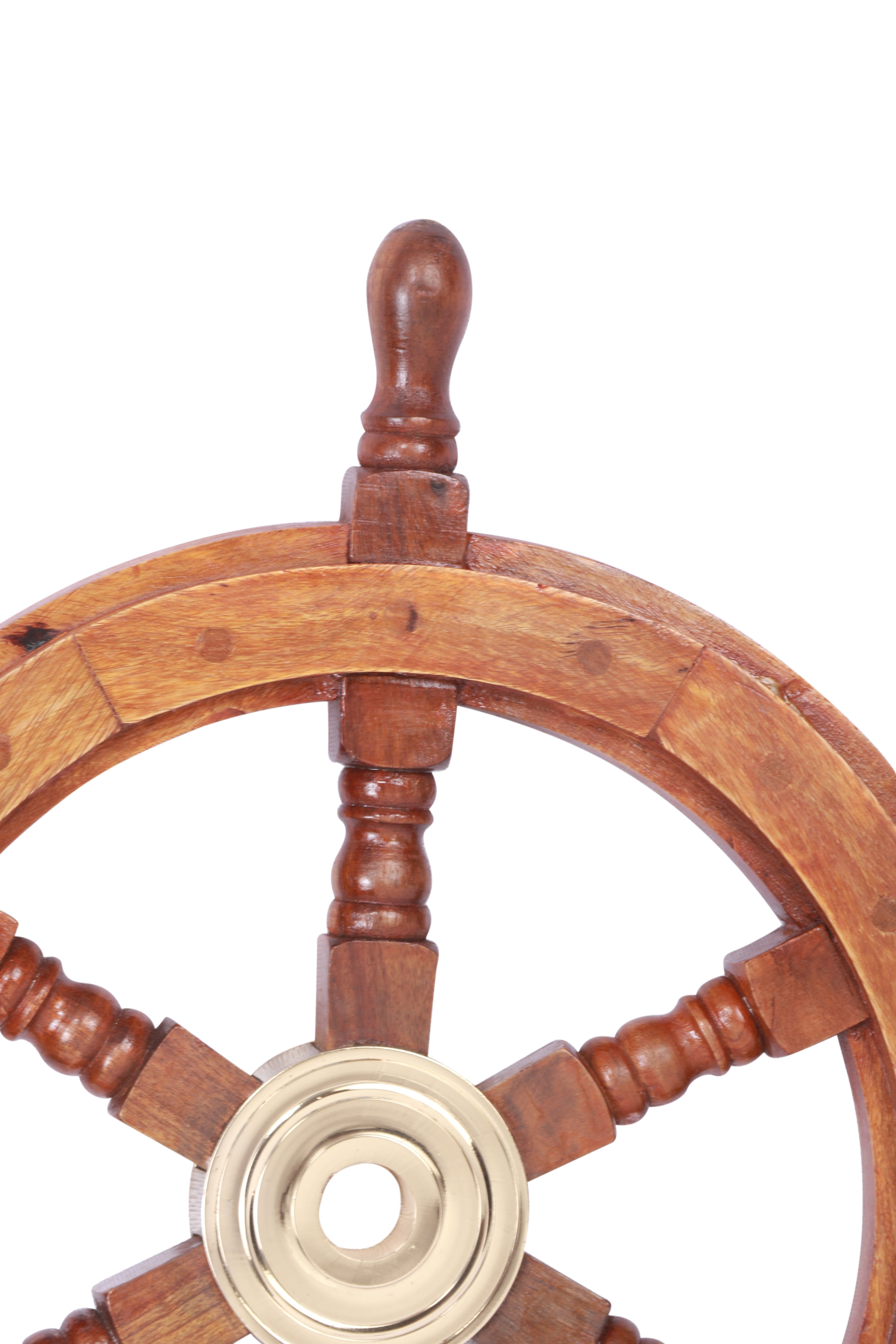 18" Teak Wood Ship Wheel with Brass Inset and Six Spokes, Brown and Gold