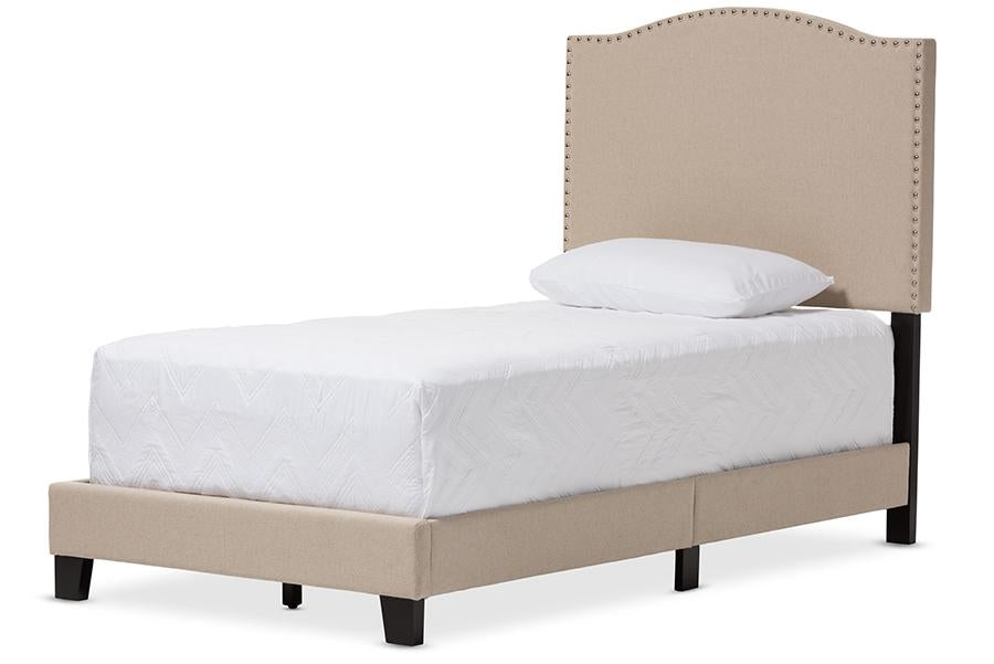 Baxton Studio Benjamin Modern and Contemporary Beige Linen Upholstered Twin Size Arched Bed with Nail Heads