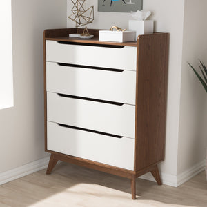 Baxton Studio Brighton Mid-Century Modern White and Walnut Wood 4-Drawer Storage Chest