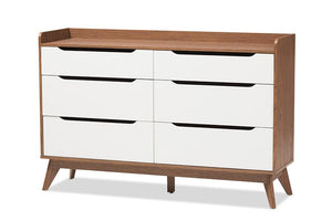 Baxton Studio Brighton Mid-Century Modern White and Walnut Wood 6-Drawer Storage Dresser