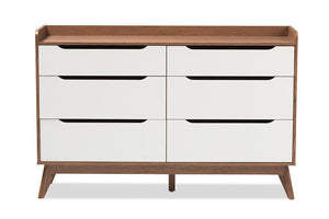 Baxton Studio Brighton Mid-Century Modern White and Walnut Wood 6-Drawer Storage Dresser