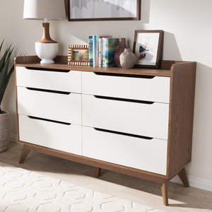 Baxton Studio Brighton Mid-Century Modern White and Walnut Wood 6-Drawer Storage Dresser