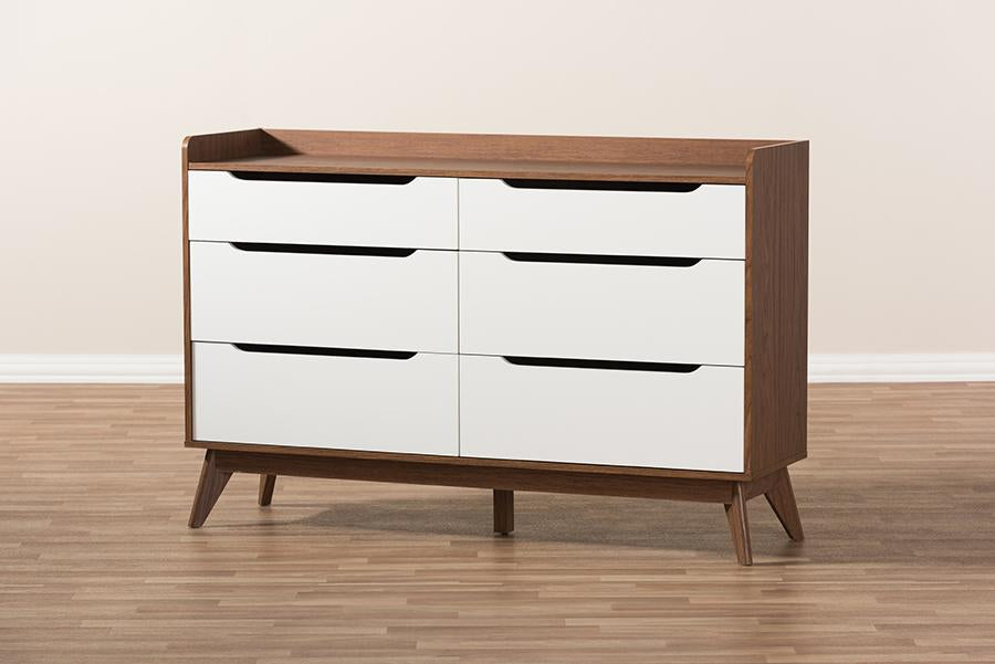 Baxton Studio Brighton Mid-Century Modern White and Walnut Wood 6-Drawer Storage Dresser