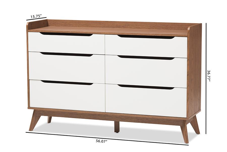 Baxton Studio Brighton Mid-Century Modern White and Walnut Wood 6-Drawer Storage Dresser