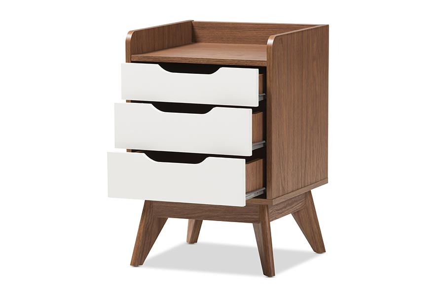 Baxton Studio Brighton Mid-Century Modern White and Walnut Wood 3-Drawer Storage Nightstand