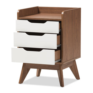 Baxton Studio Brighton Mid-Century Modern White and Walnut Wood 3-Drawer Storage Nightstand