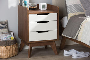 Baxton Studio Brighton Mid-Century Modern White and Walnut Wood 3-Drawer Storage Nightstand