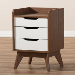 Baxton Studio Brighton Mid-Century Modern White and Walnut Wood 3-Drawer Storage Nightstand