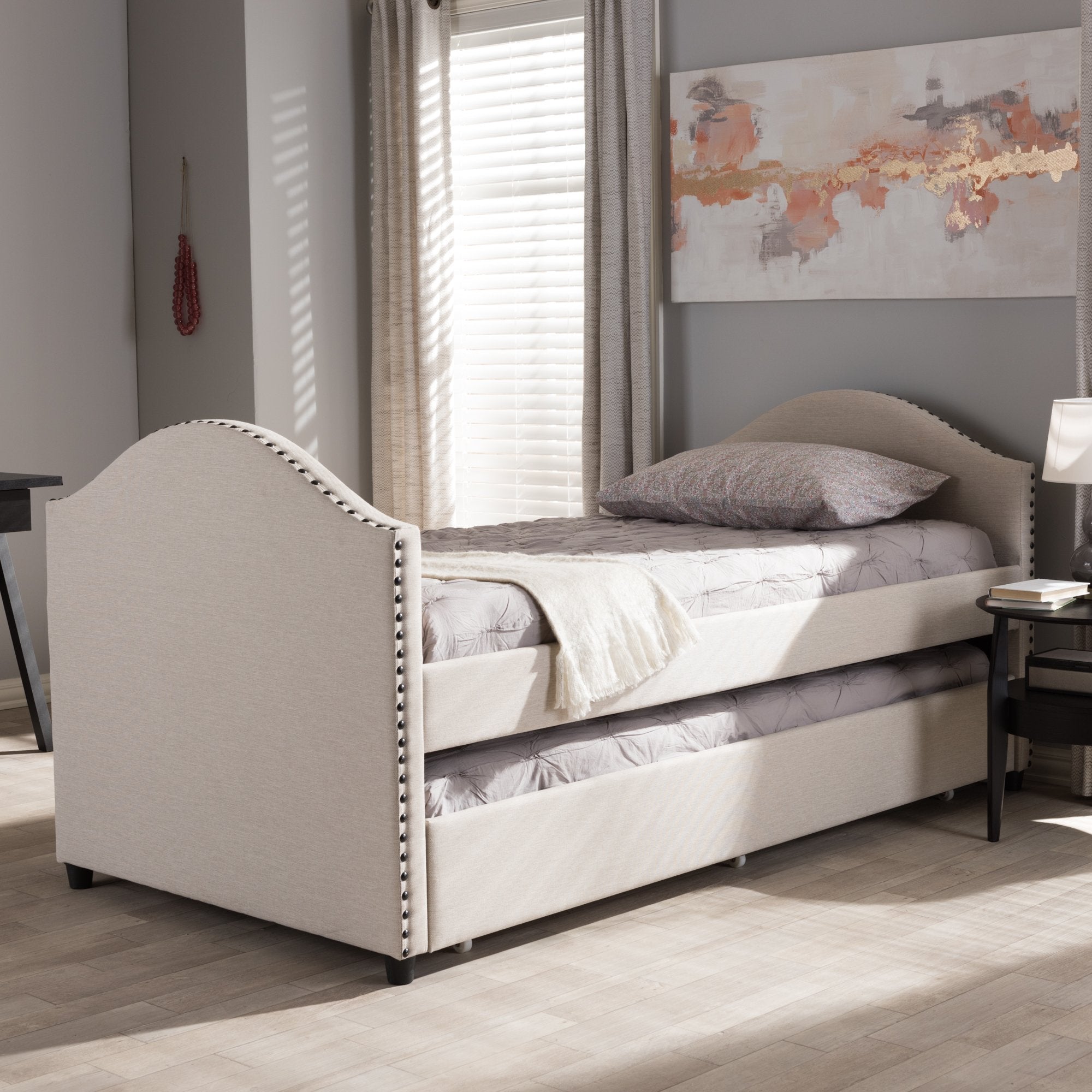 Baxton Studio Alessia Modern and Contemporary Beige Fabric Upholstered Daybed with Guest Trundle Bed