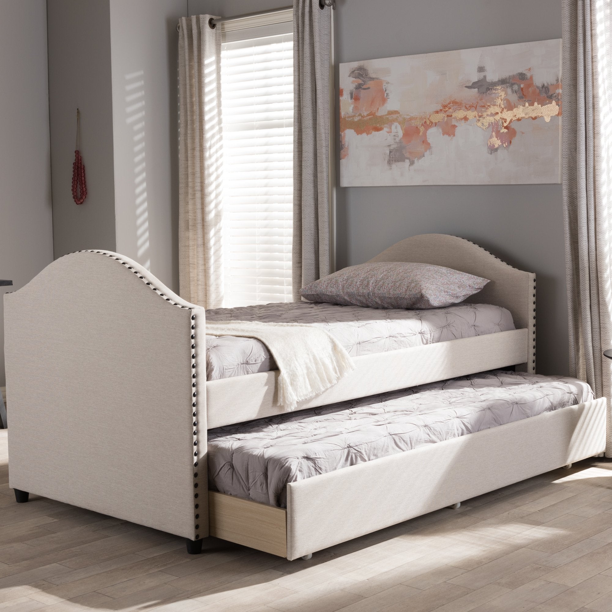 Baxton Studio Alessia Modern and Contemporary Beige Fabric Upholstered Daybed with Guest Trundle Bed