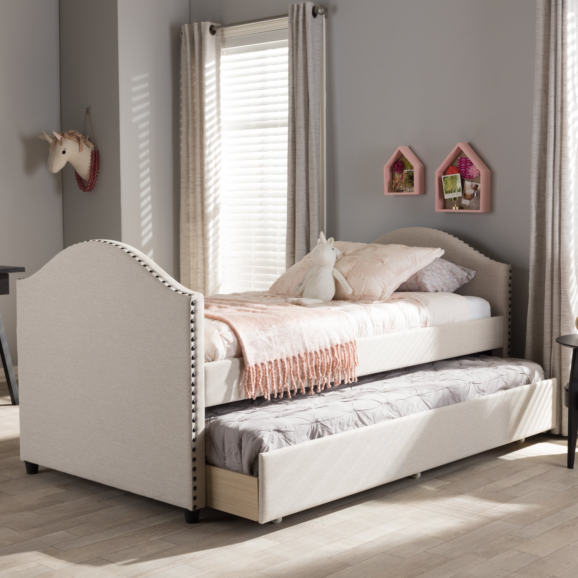 Baxton Studio Alessia Modern and Contemporary Beige Fabric Upholstered Daybed with Guest Trundle Bed