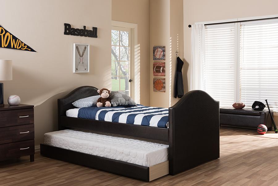 Baxton Studio Alessia Dark Brown Faux Leather Upholstered Daybed with Guest Trundle Bed