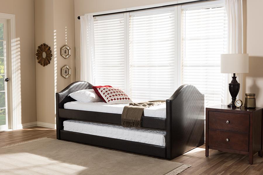 Baxton Studio Alessia Dark Brown Faux Leather Upholstered Daybed with Guest Trundle Bed