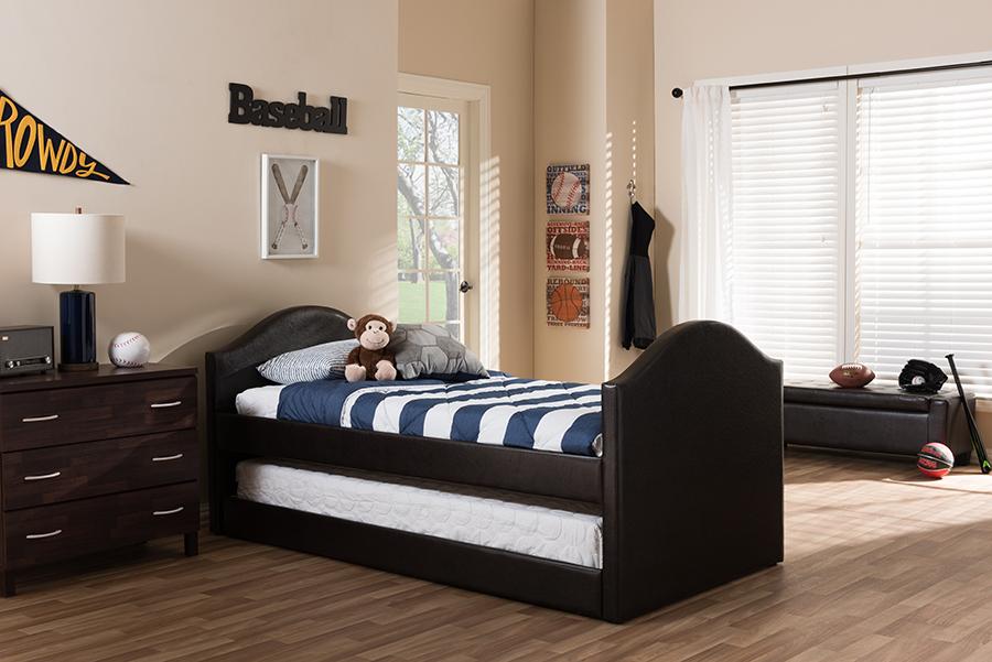 Baxton Studio Alessia Dark Brown Faux Leather Upholstered Daybed with Guest Trundle Bed