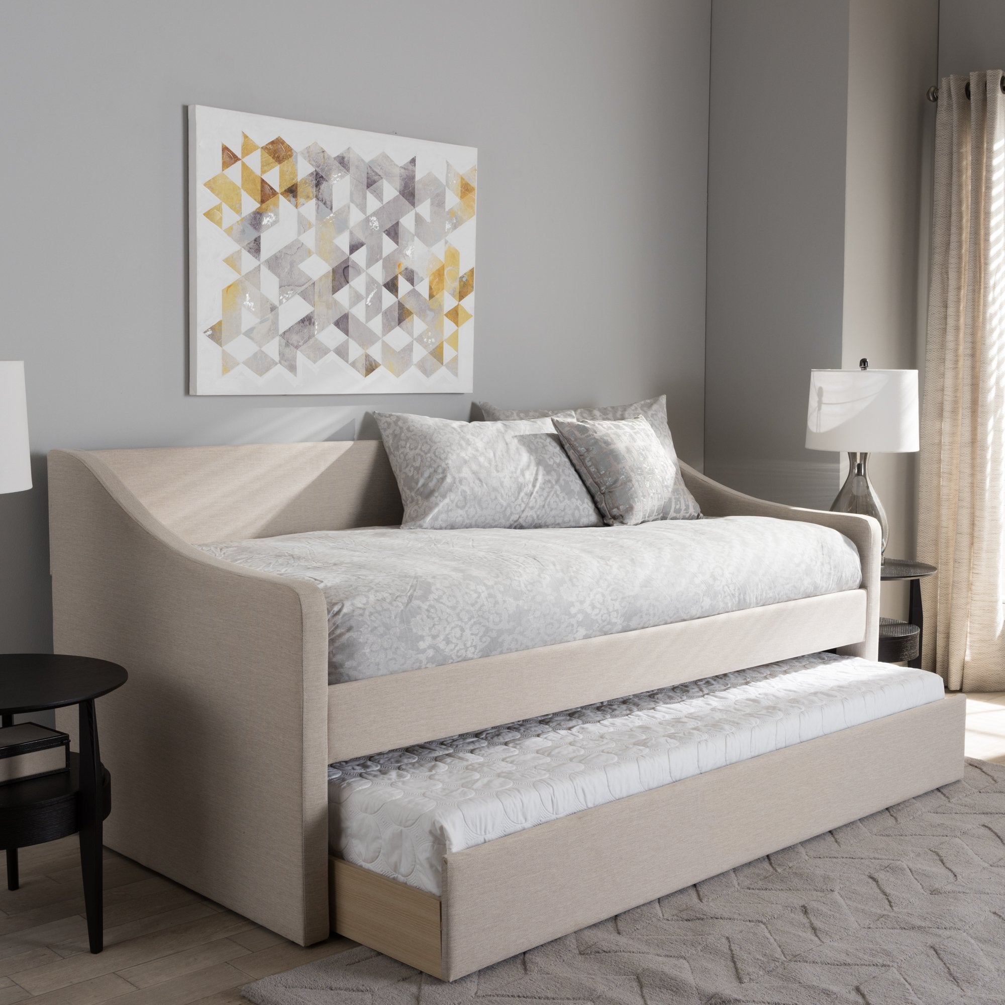 Baxton Studio Barnstorm Modern and Contemporary Beige Fabric Upholstered Daybed with Guest Trundle Bed