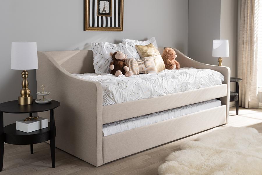 Baxton Studio Barnstorm Modern and Contemporary Beige Fabric Upholstered Daybed with Guest Trundle Bed